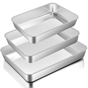 Baking Pans Set of 3, E-far Stainless Steel Sheet Cake Pan for Oven – 12.5/10.5/9.4Inch, Rectangle Bakeware Set for Cake Lasagna Brownie Casserole Cookie, Non-toxic & Healthy, Dishwasher Safe