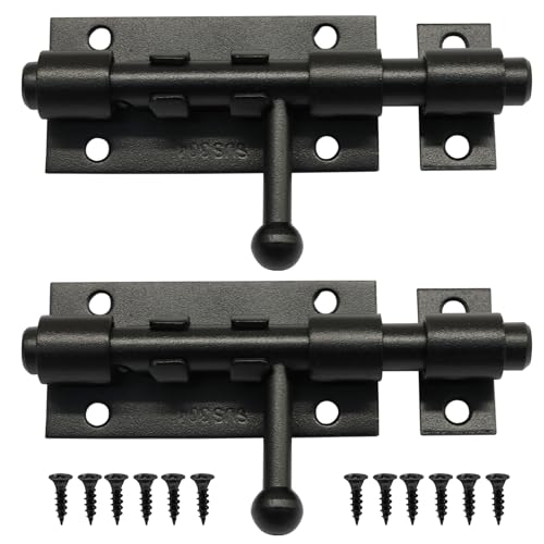 Aoserge 4 Inch Heavy Duty Black Slide Bolt Gate Latch - 304 Stainless Steel Security Lock with Padlock Hole, Rustproof Sliding Latch for Doors, Gates, Sheds & Pot Risers Toes (2 Pack)