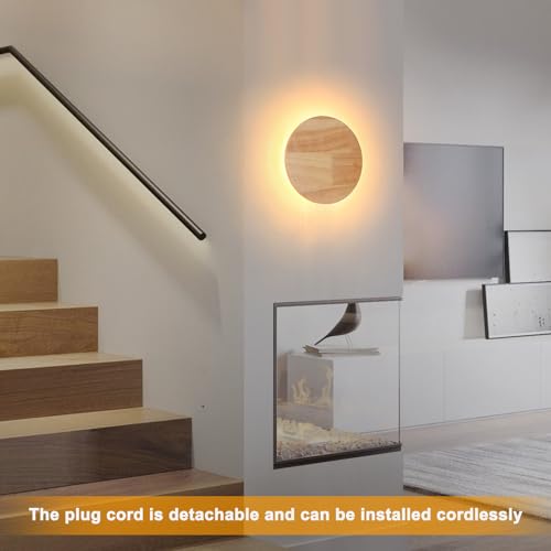 Image of Modern Minimalist Plug in Wall Sconces, Plug-in Or Cordless 11.8'' Round Wood Backlight LED Wall Lamp, 25W, 2500LM Warm White Brightness Wall Light Fixtures for Bedroom, Living Room Wall Decor
