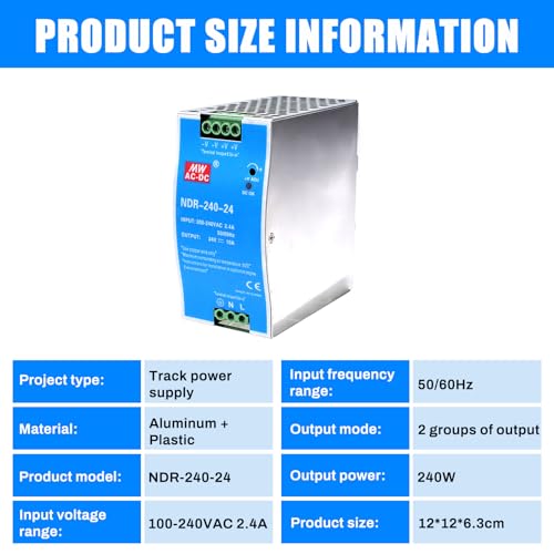 240W Hutschienen Netzteil 24V DIN-Schienen-Schaltnetzteil Eingang AC 100-220V 2,4A Ausgang DC 24V 10A Mehrere Schutzfunktionen Industrielles Modell NDR-240W-24V.