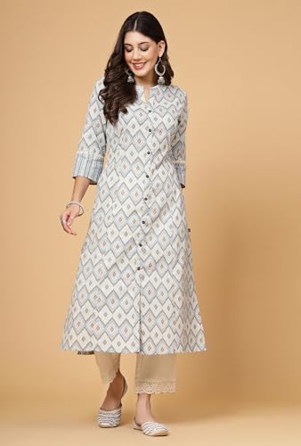 Image of Pistaa's Women's Cotton Relaxed Fit A Line Floral Print A-Line Kurta