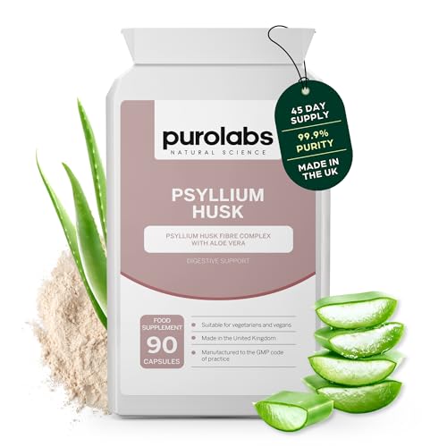 Purolabs Psyllium Husk Capsules – Organic Psyllium Husk 99.9% High Purity Fibre Supplement with Aloe Vera – Natural Digestive Support for Gut Health, Bowel Regularity & Daily Wellness – 90 Capsules