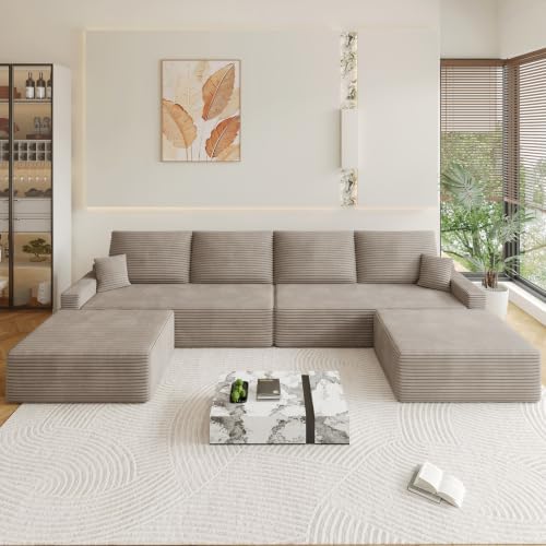 Image of Oversized Modular Sectional Sofa Couch, Large 6 Seater Corner Sofa Modern U Shaped Sectional Couch with Ottoman Cloud Couches for Living Room, Office, Spacious Space, Corduroy, No Assembly, Camel