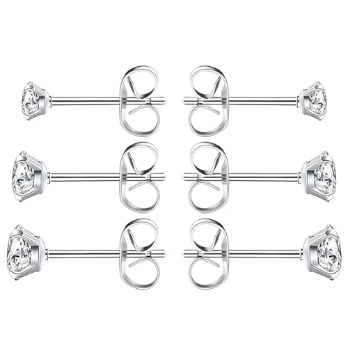 GNHG 3 Paar Damenohrringe, Silberohrringe, Diamantohrringe, hypoallergene Ohrringe, Mädchenohrringe, 3, 4, 5 mm Herren- und Damenohrringe