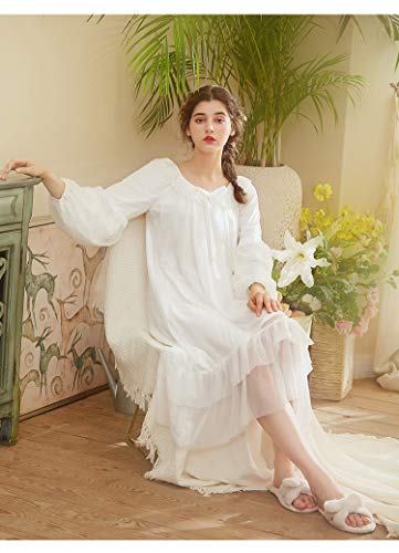 Vintage Victorian Cotton White Nightgown For Women Long Puff Sleeve Calf-Length Wide Lace Neck Lacy Flounce Cuff & Hem Palace Style Princess Loungewear Nightdress Sleepwear Nightshirt Pajamas #TOP2