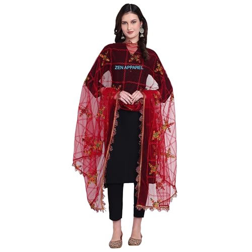 Image of ZEN APPAREL Women's Embroidered Net Dupatta with Lace Borders (Z-101) Premium Net Fabric Golden Aari Work