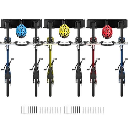 QWORK® Soporte de pared bicicletas, estante de almacenamiento bicicletas ajustable para 6 bicicletas y 3 cascos, para garaje, hogar