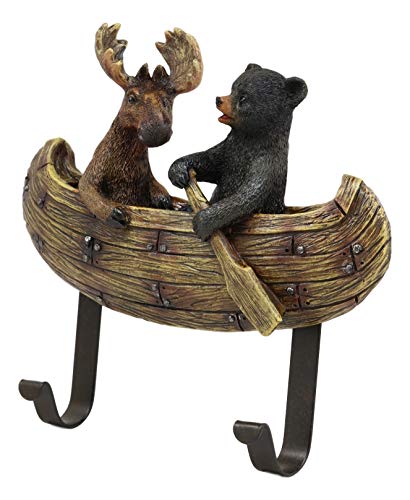 Ebros Whimsical Forest Creek Buddies Rustic Black Bear and Elk Moose Rowing Boat Canoe 2 Pegs Wall Hooks 7" Wide Hanger Bears Deers Elks Wall Mount Coat Hat Keys Hook Decor Hanging Sculpture Plaque - Thumbnail 3
