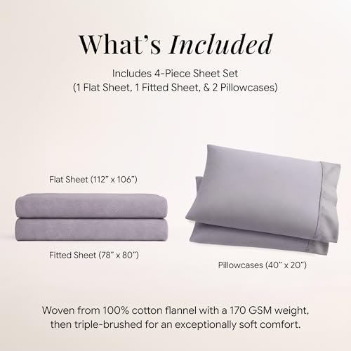 Image of Tribeca Living Triple Brushed Soft Cotton Flannel Sheets Set, King Size 170-GSM Weight Extra Deep Pocket Sheet in Solid Lavender Color