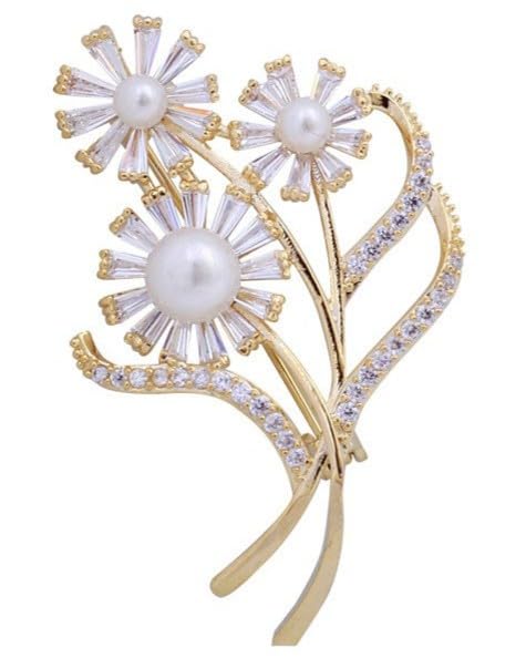 Pearl Flower Brooch Pin, Gold Tone, Crystal Embellished, Floral Design, Elegant Jewelry Accessory-image-46