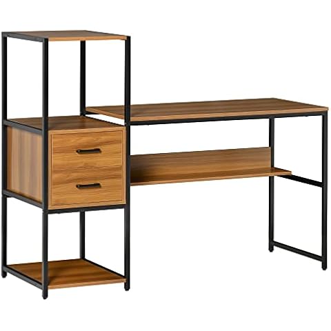 HOMCOM Industriell Schreibtisch mit 2 Schubladen Computertisch offenes Regal Arbeitstisch Nussbraun 140 x 50 x 110 cm Cover