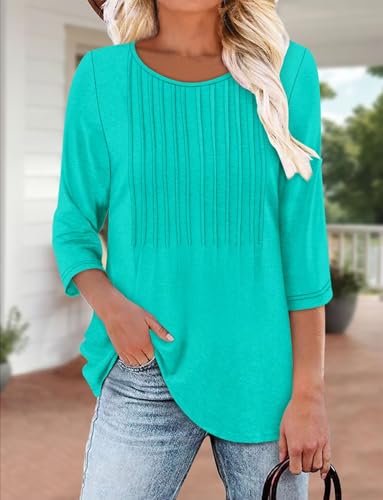 KISSMODA Tunic Tops for Women Loose Fit Dressy Round Neck Pleated 3/4 Length Sleeve Spring Tops