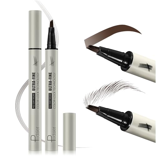 2 Pack Microblading Eyebrow Pencils for Women with Multiple Fork Tips, Waterproof Super Fast Eyebrow Dye Tint Makeup Pen for Natural Hair Like Brows, Never Dry Out and Last All Day (Deep Brown)