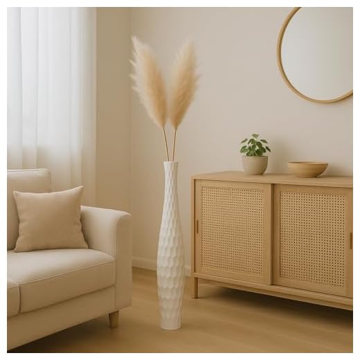 LEEWADEE jarrón Grande para el Suelo – Alto, jarrón Hecho a Mano de Madera de Mango, contenedor de pie para Las Ramas Decorativas, 90 cm, Blanco