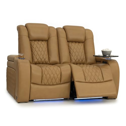 Image of Seatcraft Diamante Tan Oak Italian Leather Home Theater Seating, Zero Gravity Power Recliner Gaming and Home Office Chair, Powered Headrest Lounge Sofa Furniture for Cinema Room, Row of 2 Loveseats