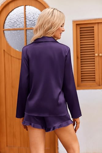 Image of Ekouaer Womens Satin Pajama Sets Long Sleeve Top and Shorts Lounge Set Button Down Sleepwear