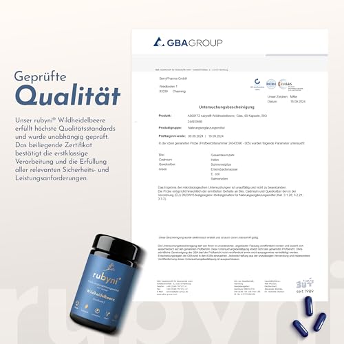 rubyni® Wildheidelbeere (90 Kapseln) • Reiner Bio-Wildheidelbeerextrakt mit Anthocyanen • Sekundäre Pflanzenstoffe • Hochdosiertes Wildheidelbeerpulver • Heidelbeere • 100% biologisch & vegan