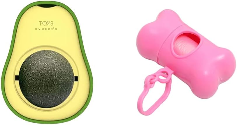 Catnip Wall Toy, Rotatable, Cat Chew Toys, and Poop Bag Holder Bone Shaped Pet Waste Disposal Container with Key Chain for Dogs (Pink) Combo Pack