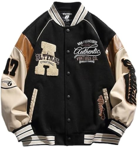 Vagbalena Giacca da College College College da Baseball impiombata con Lettera Y2K da Uomo Giacca da Campus Unisex Giacca da Baseball da Motociclista Casual dalla vestibilità Regolare (Nero,M)