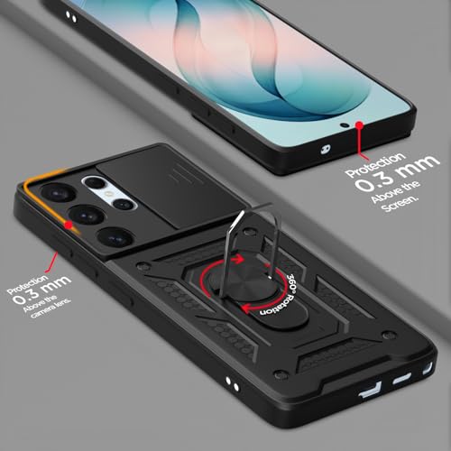 Image of Pikkme Back Cover for Samsung Galaxy S26 Ultra 5G | 360 Protection Case | Sliding Camera Shield Cover & Ring Holder Stand D10 Tough Armor Bumper Case (Black)