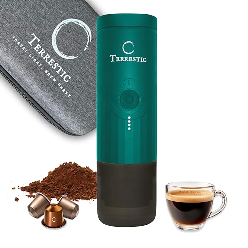 Cafetera expreso eléctrica portátil Terrestic Dose + estuche rígido de viaje - Para café molido y cápsulas Nespresso, funciona con pilas y se carga por USB-C, ideal para coche, camping (Verde azulado)