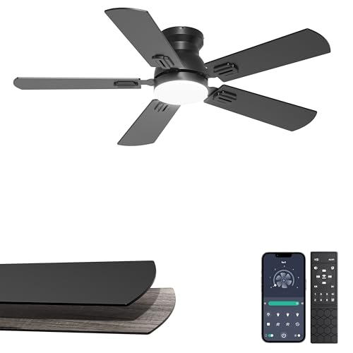 Phylluz 42'' Flush Mount Ceiling Fan with Light, Small Black Low Profile Ceiling Fan for Kids Room & Home Office, Quiet DC Motor, Space-Saving Modern Fan with App/Remote Control