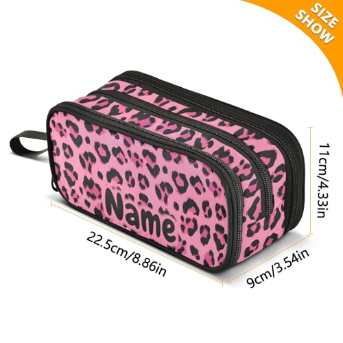 Image of Custom Hot Pink Black Leopard Print Pencil Case Box Boys Girls Personalized Name Large Pencil Pouch Stationery Pen Bag Organizer for Kids Adults School Office