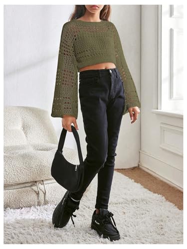 Image of RoseSeek Girl's Hollow Out Knitted Crop Sweater Long Sleeve Crew Neck Drop Shoulder Sheer Pullovers Knitwear