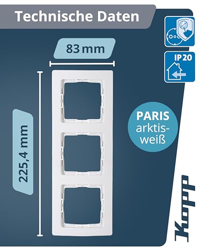 Kopp PARIS 3-fach Abdeckrahmen in Arktis-Weiß - 8,3 x 22,5 cm - Rahmen für Steckdosen & Schalter - Stilvoller Steckdosenrahmen aus Kunststoff - Hochwertiger Lichtschalter-Rahmen
