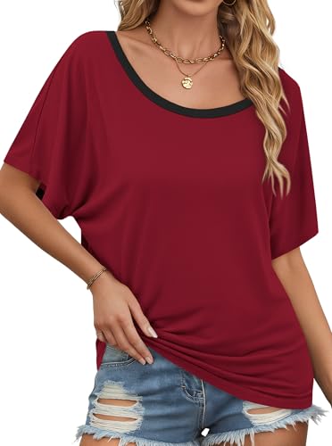 Image of Hilinker Womens Sexy Off The Shoulder Tops Short Batwing Sleeve T Shirt Oversized Casual Tee