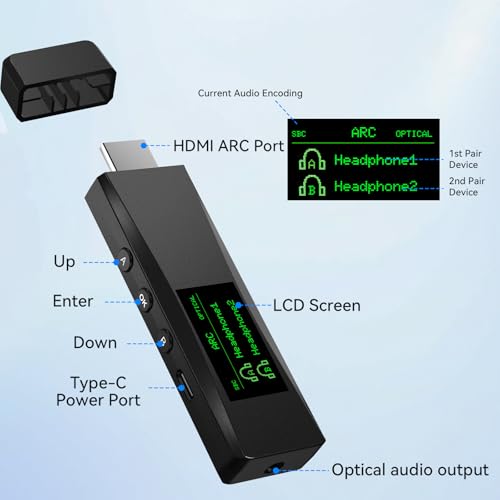 Bluetooth 5.2 Transmitter for 2 AirPods or BT Devices, Wireless Audio Adapter with HDMI ARC Input & 3.5mm Stereo Input, Optical Audio Output & Bluetooth Output, LCD Screen, Plug and Play
