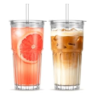 INSETLAN 2 Stück 600ml Modern Glasbecher mit Deckel und Strohhalm, dickwandige und robuste Smoothie Becher aus hochwertigem Glas, luftdichtes und wasserdichtes Design, ideal als Kaffee