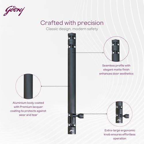 Image of Godrej Door Fittings | 12 inch Tower Bolt | Premium Matte Black Finish | Kundi for Better Grip & Easy Operation-Chitkani /Chitkini for Main Door, Bedroom, Bathroom, Wardrobe | 1 Year Warranty