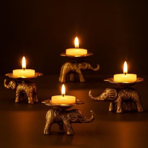 Image of Amazon Brand - Solimo Decorative Handcrafted Metal Elephant Diya for Puja | Tealight Candle Holder for Home Decor & Gifting (Pack of 4) | 8 x 6.5 x 4.5 cm Each | Gold Finish