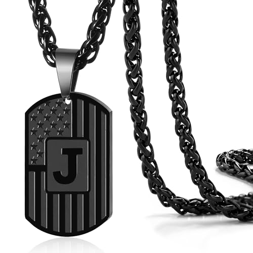 DuoDiner Initial Letter Pendant Necklace for Men Boys Dad A-Z Capital Letter American Flag Dog Tag Necklace 24 Inches Stainless Steel Mens Chain Birthday Gifts for Men Women Teens (Letter J Black)