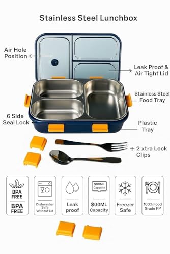 Image of 800 ml Stainless Steel Lunch Box, 3 Compartments, Blue | Leak-Proof Tiffin, Includes Spoon & Fork, BPA-Free Food Grade Steel, Dishwasher Safe, for School & Office