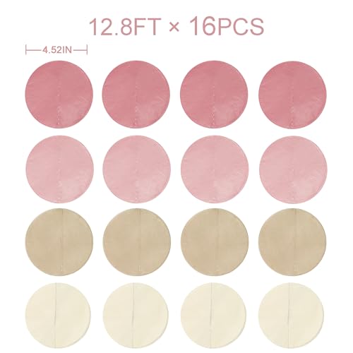 Image of 205 Ft Dusty Rose Pink Party Decorations Dusty Pink Khaki Beige Circle Dot Backdrop Garland Tissue Paper Polka Dots Hanging Streamer for Birthday Wedding Bridal Shower Engagement Party Supplies