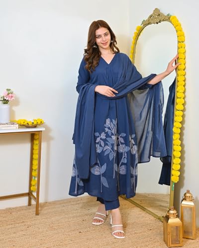 Image of Nermosa Women Solid A-line Kurta and Pant set With Dupatta | Women Kurta Set | Solid Suit | Embroidery Kurta Set |