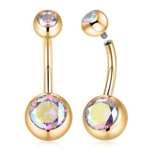 FUNLMO Piercing de titanio para ombligo, piercing para ombligo con rosca interna, circonita cúbica, joyería de 14 g, 8-16 mm, 2 unidades, Titanio, Circonita cúbica