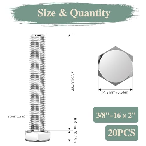 Image of 3 /8 inch-16 x 2 Hex Head Screw Bolt, 20Pcs Stainless Steel 304 (18-8), Fully Threaded Bolts, Plain Finish