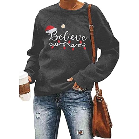 ALLTB Believe Merry Christmas Sweatshirt Womens Christmas Wine Glass Print Blouse Tops Raglan Sleeve Holiday Shirt, Dark Gray, X-Large Cover
