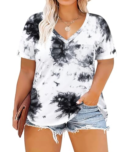 Image of TIYOMI Plus Size Tops for Women V Neck Tshirts Basic Tunic Casual Hawaii Floral Tie Dye Camo Summer Short Sleeve Tee XL-5XL