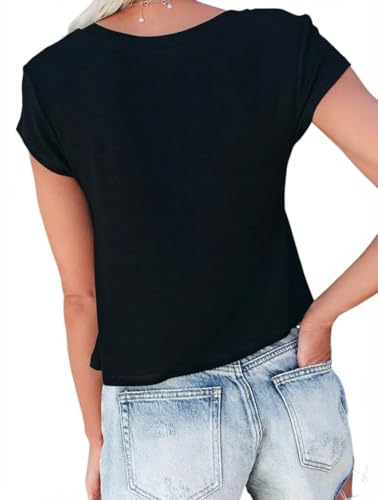 WMZCYXY Women V Neck Crop Tops Cap Sleeve Loose Fit Cropped T Shirts Casual Summer Solid Color Basic Tees (Black,Medium) - Thumbnail 4