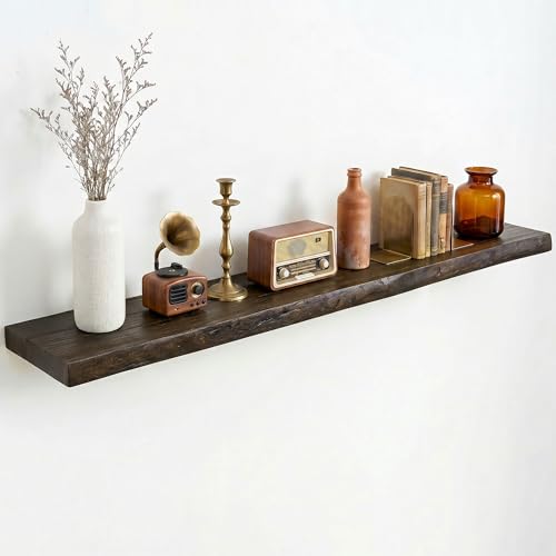 Image of Dreamland Rustic Elm Wood Floating Shelves for Wall Decor, 48 Inch Long Live Edge Wooden Floating Shelves Wall Mounted, 8 Inch Deep Wall Shelf for Bathroom, Living Room, Kitchen, Bathroom, Walnut