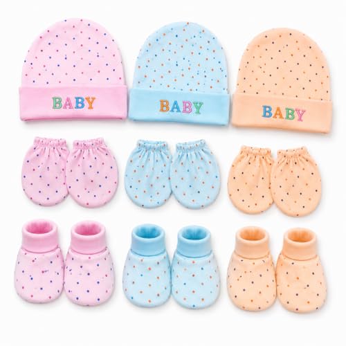 Image of First Kick Baby Mitten Booty Cap Set - 3 Sets (Multicolour) Mittens for New Born Baby 0-3 Months | Useful | Pocket-Friendly | Soft New Born Cotton