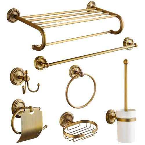 7 Piece Antique Brass Gold Bathroom Accessories Set - TooCust Brushed Brass 24” Double Towel Holder & Towel Bar - Wall Mounted Bathroom Hardware Kit by TooCust - Used condition - US$99.31