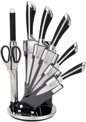 ROYALTY LINE, RLKSS700, Bloque de cuchillos de 8 piezas con soporte para ventilador, tijeras, cuchillos de acero inoxidable, mangos antideslizantes, afilador incluido - Negro - Tamaño estándar