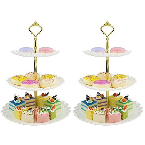 LIONWEI LIONWELI 3-tier White Gold Plastic Dessert Stand Pastry Stand Cake Stand Cupcake Stand Holder Serving Platter for Party Wedding Home Decor-Large-set of 2