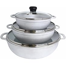 IMUSA Caldero Stock Pot with Glass Lid 3pc Set, 1.5/2.5/5.2qt, Cast Aluminum, Perfect for Serving Medium & Small Groups, Riveted Handles, Made in Colombia, Silver.