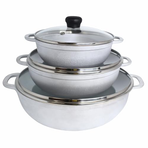 IMUSA Caldero Stock Pot with Glass Lid 3pc Set, 1.5/2.5/5.2qt, Cast Aluminum, Perfect for Serving Medium & Small Groups, Riveted Handles, Made in Colombia, Silver. by Imusa - Used condition - US$42.68